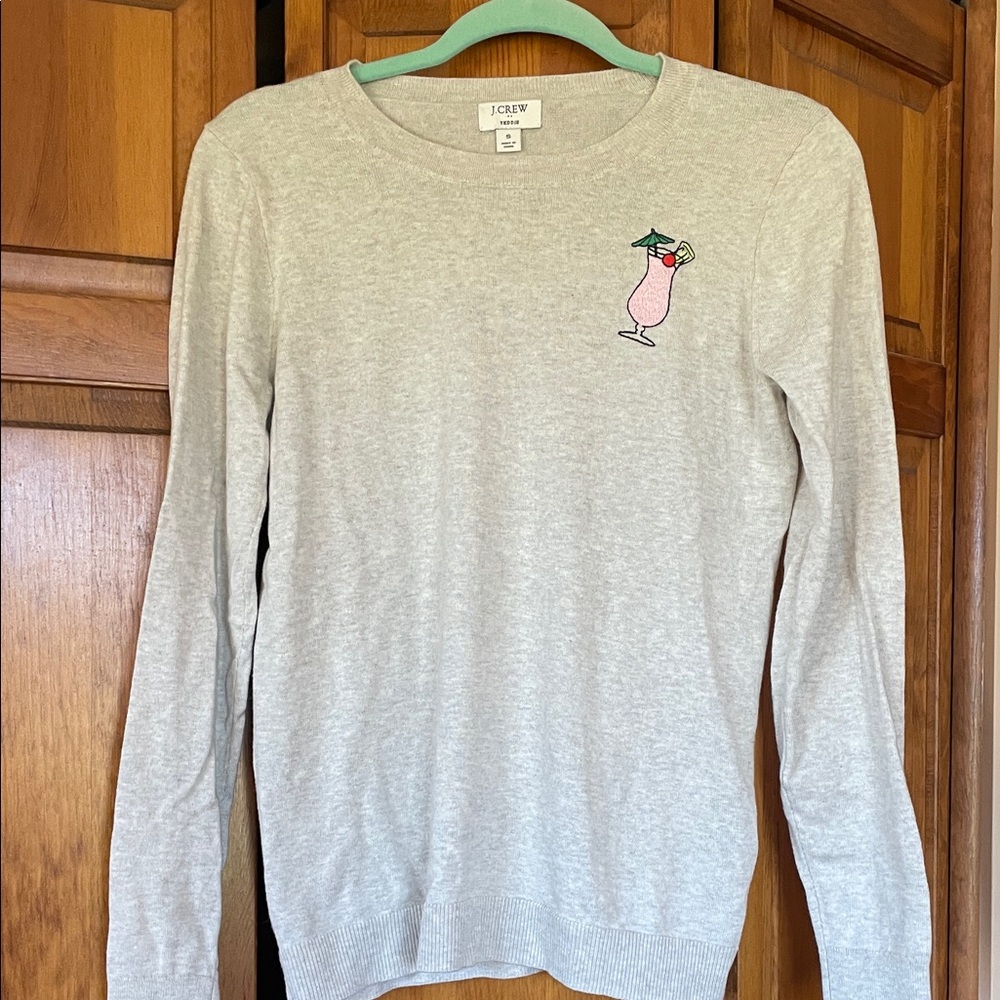 J. Crew Light Gray Sweater with Pink Cocktail Design